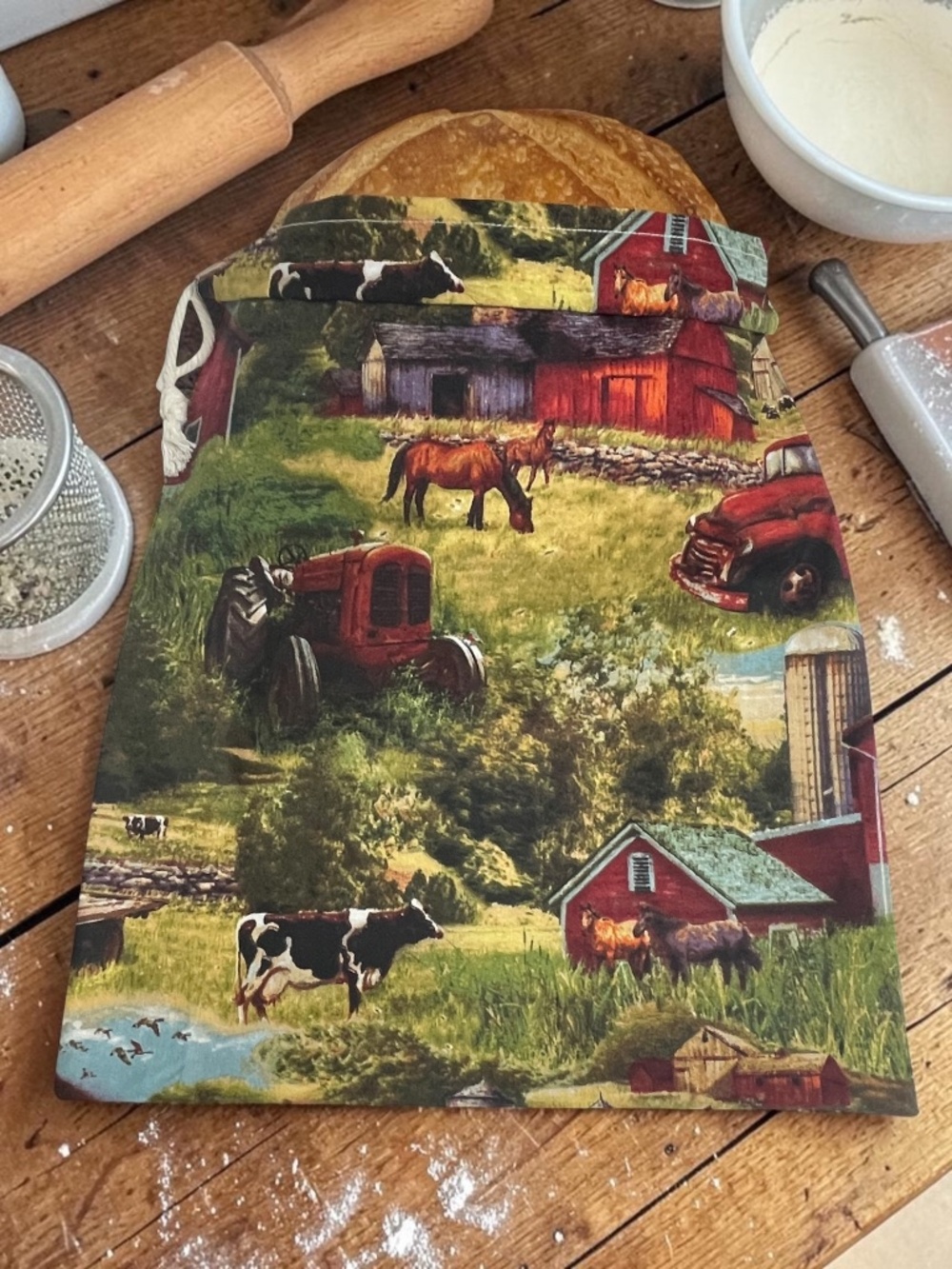Farm Scene Bread Bag, Barn Tractor Horse Cotton Bread Bag, Country Farmhouse